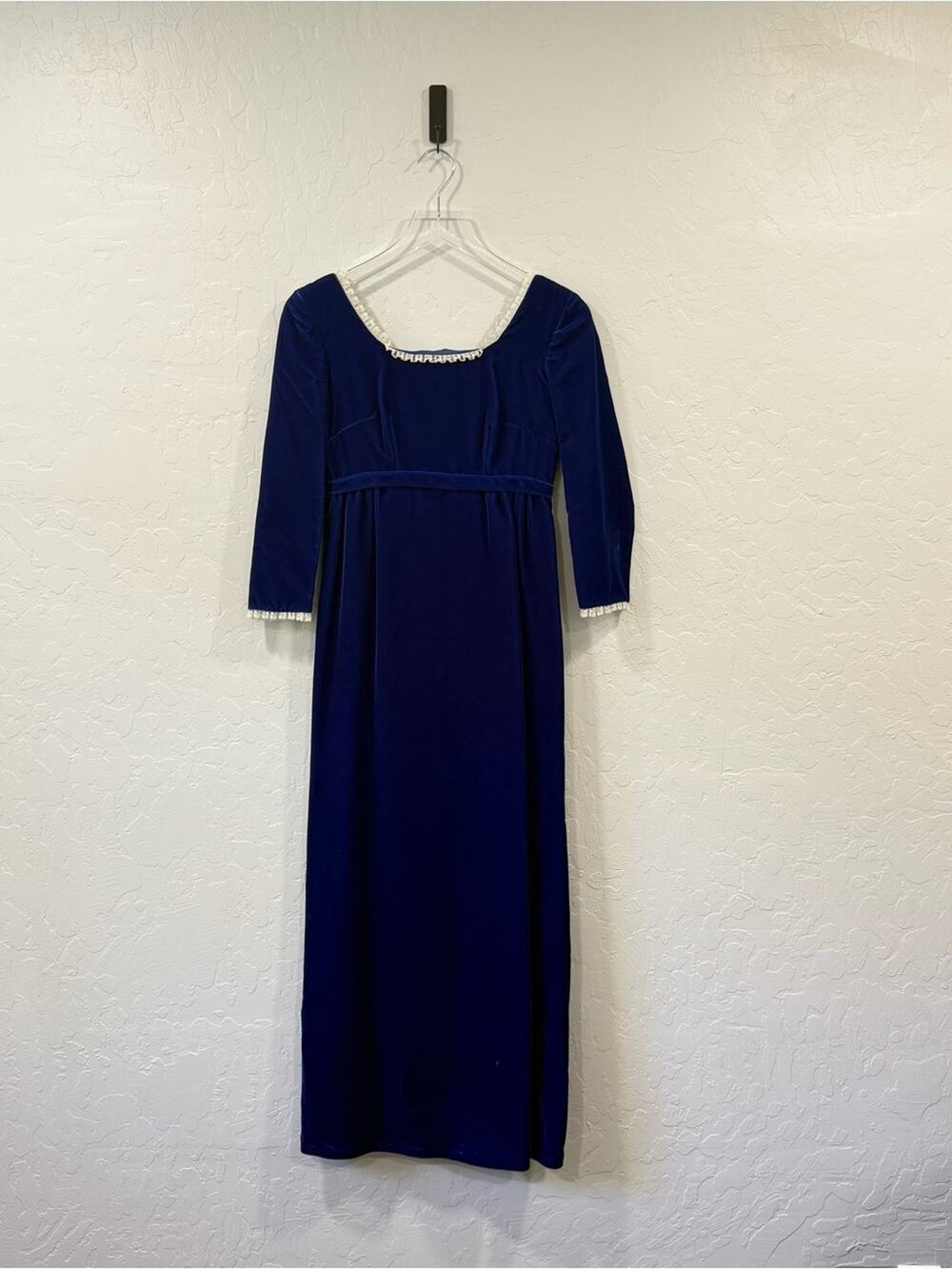 Vintage 1950's Royal Blue Velvet Empire Waist Lace Trim Dress